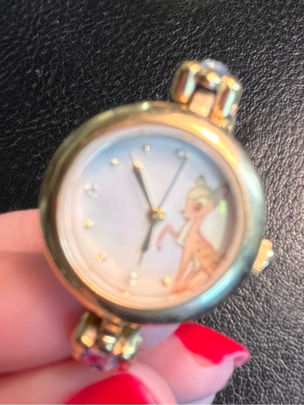 Disney Bambi Gold Tone Bracelet Watch Floral Light Blue Crystal Links untested